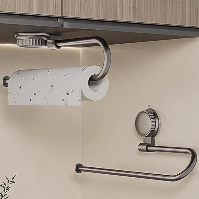 Paper Towel Holder Under Cabinet No Drilling, Suction Cup Metal Bathroom Towel Bar Wall Mount for Kitchen, RV, Bathroom