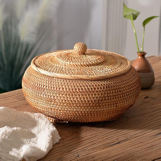 1 Pack Handmade Autumn Rattan Woven Basket Storage Ornaments Round Tea Table Desktop Living Room Furnishing Large Candy Ornaments
