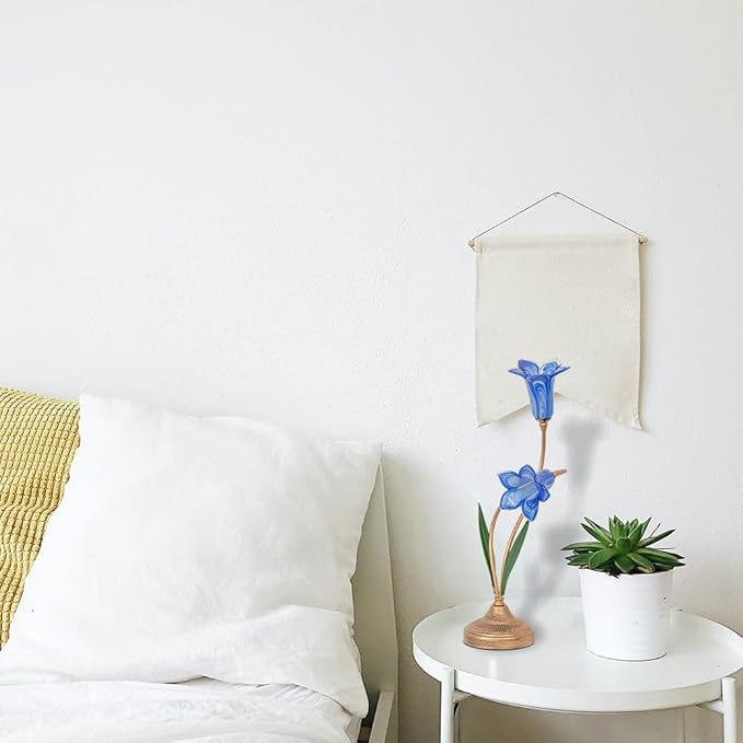 Skyblaze Classic Style Table Lamp with Flower Glass Shade, Elegant Flower Night Light, Art Deco Accent Table Lamp for Bedroom Living Room (Blue, 2 Lights)