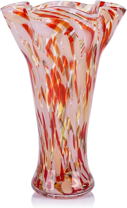 9.0" H Red Glass Vases for Flowers, Unique Hand Blown Glass Vase Home Decor, Wide Mouth Colorful Flower Vase Centerpieces, for Living Room Table Bookshelf, Bathroom Office Shelf Decorative (Red)