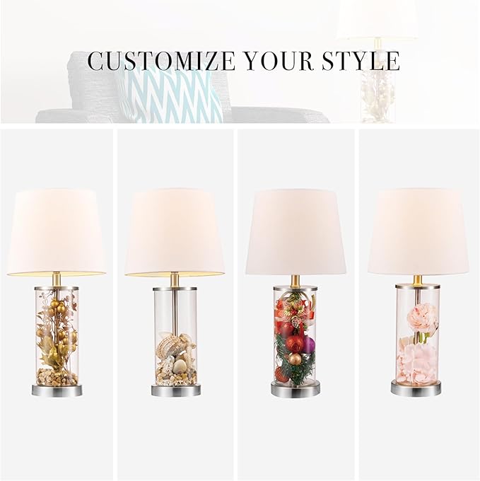 Globe Electric 67155 Maya 21" Fillable Table Lamp, Clear Glass and Steel Base, White Fabric Shade