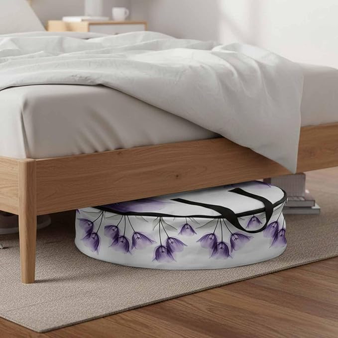 Spring Floral Round Storage Bag 30 Inch, Purple X-ray Tulip Looming Flower Leaf Modern Clothes Storage Container with Handles Heavy Duty Organizer for Comforter, Bedding & Holiday Wreaths