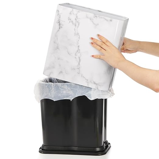 Coloch 2.4 Gallon/9L Rectangle Marble Print Metal Trash Can, Stainless Steel Bathroom Wastebasket Narrow Garbage Bin Invisi-Overlap Open Top Rubbish Bin for Bathroom, Kitchen, Home, Hotel