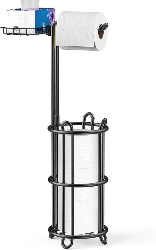 Meangood Freestanding Toilet Paper Holder Stand and Tissue Paper Roll Dispenser, Bathromm Storage Organization-Holds 4 Rolls -Metal Wire (Black, w/Shelf)
