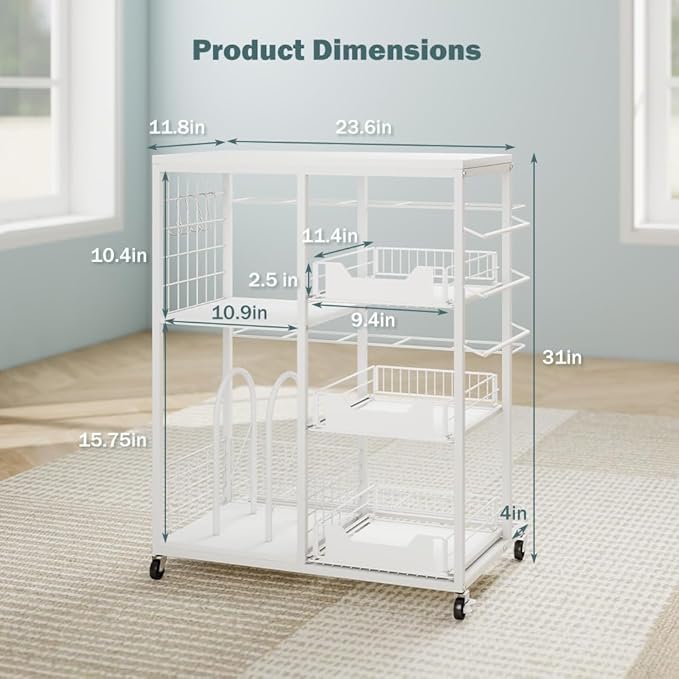 LUCKUP Rolling Wrapping Paper Organizer Cart – Gift Wrap Storage with Wheels, 20 Roll Holders, 3 Drawers & Ribbon Dispenser, Craft Organizer for Christmas, Birthdays, White
