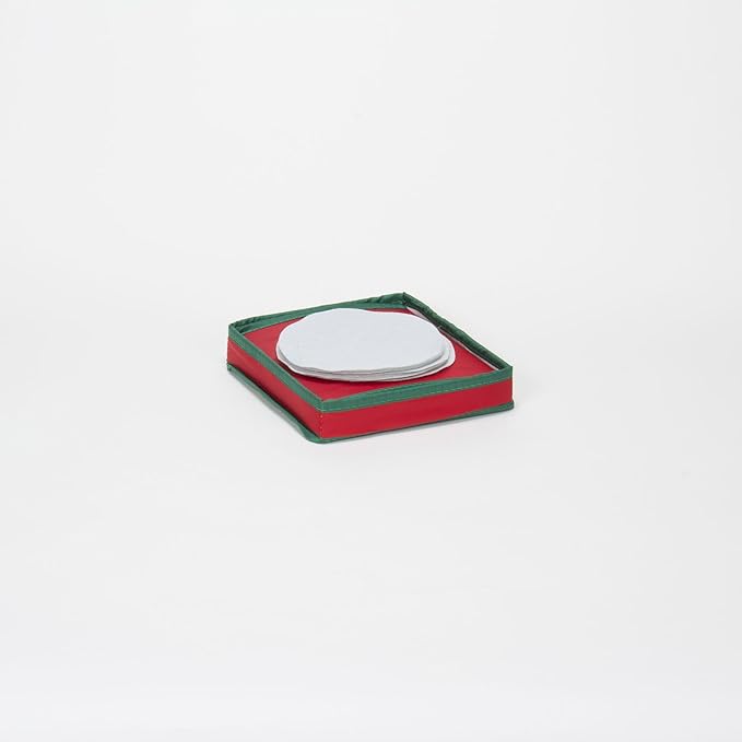 Household Essentials 530RED Holiday China Storage Chest with Lid and Handles | Storage Bin for Small Saucer Plates | Red Canvas with Green Trim