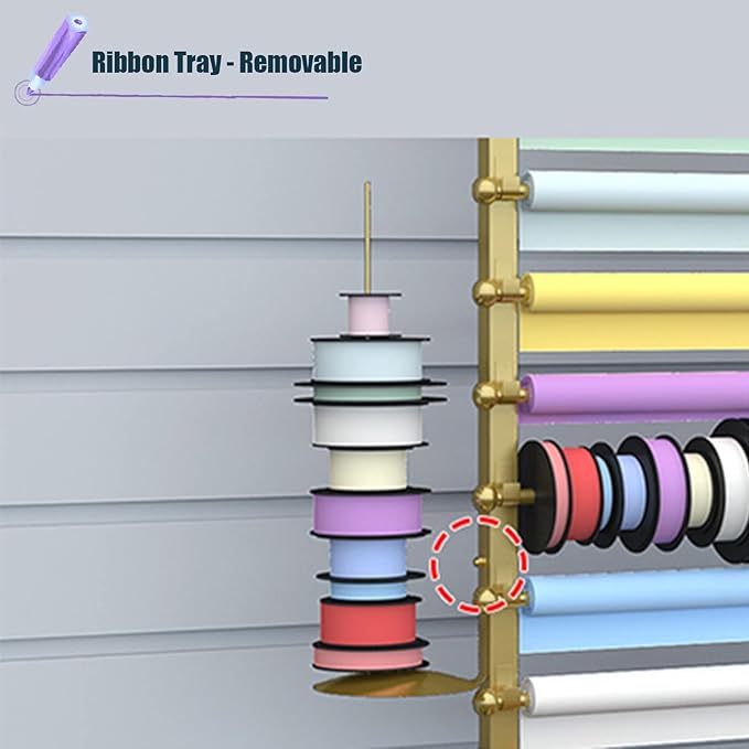 Ribbon Display Storage Organizer Wire Spool Rack Wrapping Paper Shelf Wall Mounted,Detachable Ribbons Tray&Removable Crossbars,Black,70X20X120Cm