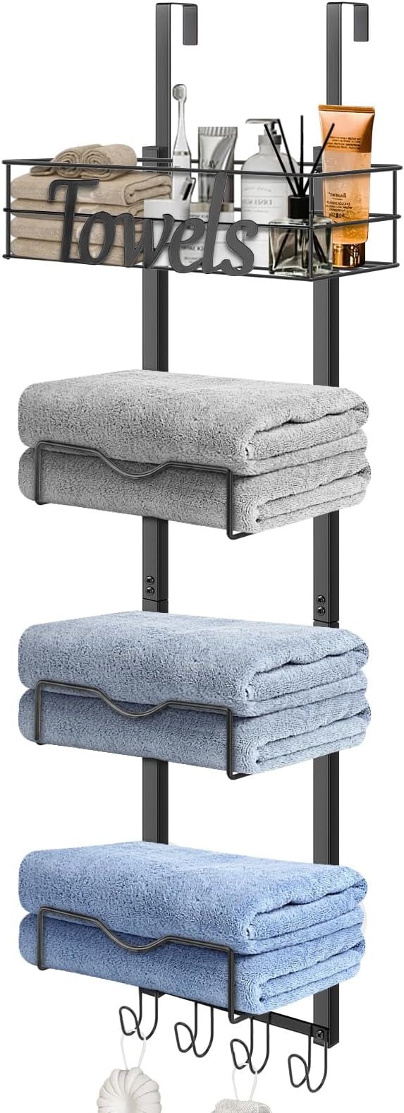 HarJue Over The Door Towel Racks, No Drill Towel Storage with Basket & Hooks, Space-Saving Multi-Functional Towel Holder for Bathrooms, bedrooms, Apartments, RVs (Matte Black, 5 Tier)