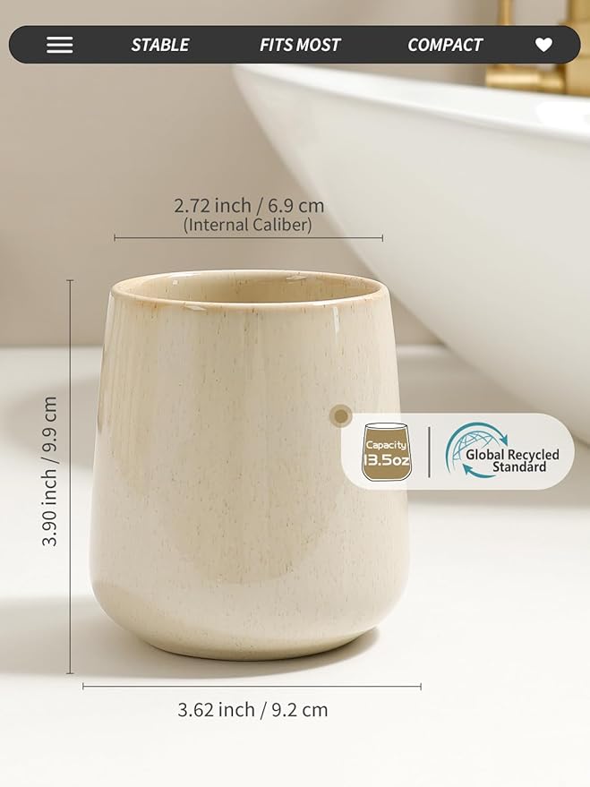 BosilunLife Bathroom Toothbrush Holder - Ceramic Toothbrush Cup Holder 13Oz Greige Toothbrush Holder for Bathroom Toothbrush and Toothpaste Holder for Bathroom Vanity Countertop, Ideal for Home, Hotel
