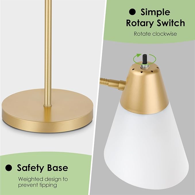 Coucrek Floor Lamp for Living Room, Adjustable Standing Room Lamp with White Plastic Shade, Gold Reading Floor Lamps for Dorm, Bulb not Included