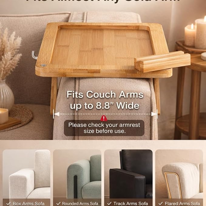 Couch Arm Tray Table with Adjustable Legs – Bamboo Sofa Arm Tray with Removable Phone Holder & Non-Slip Mat – Couch Armrest Table for Drinks, Snacks & Remote – Fits Sofa Arms up to 8.8"