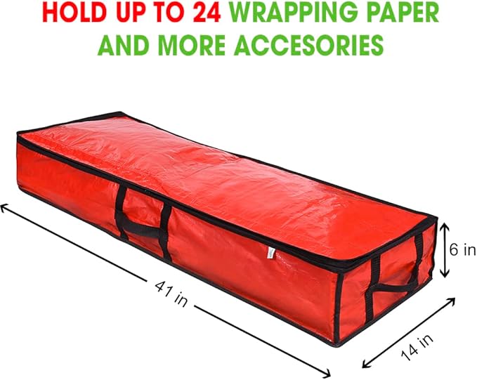 ProPik Wrapping Paper Storage Containers | Gift Wrap Organizer Under Bed 41”x14”x6” Fits 18-24 Rolls Fit Up to 40” Long Roll Wrap Storage Box Holder with Pockets for Ribbon Bows & Accessories (Red)