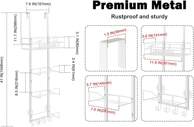 HarJue Over The Door Towel Racks, No Drill Towel Storage with Basket & Hooks, Space-Saving Multi-Functional Towel Holder for Bathrooms, bedrooms, Apartments, RVs (White, 5 Tier)