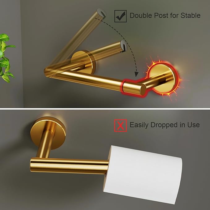POKIM Brushed Gold Toilet Paper Holder, Stainless Steel Double Post Pivoting Wall Mount Holder, Fits Mega Large/Jumbo Rolls, Commercial Bathroom Tissue Dispenser for Home & Commercial Use
