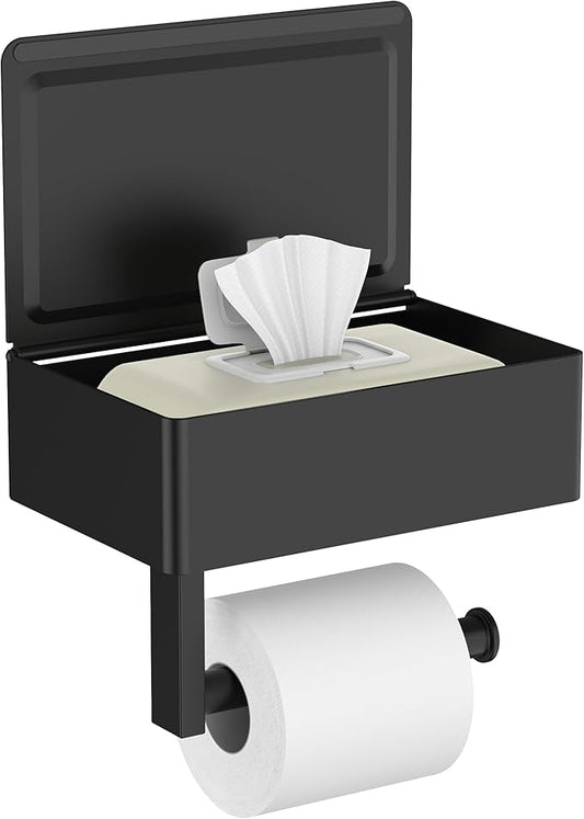 FORIOUS Toilet Paper Holder with Shelf, Sanitary Napkin Receptacle Tampon Holder, Wall Mount Toilet Paper Holder with Storage, Flushable Wipes Dispenser Fits for Bathroom Commercial(1, Matte Black)