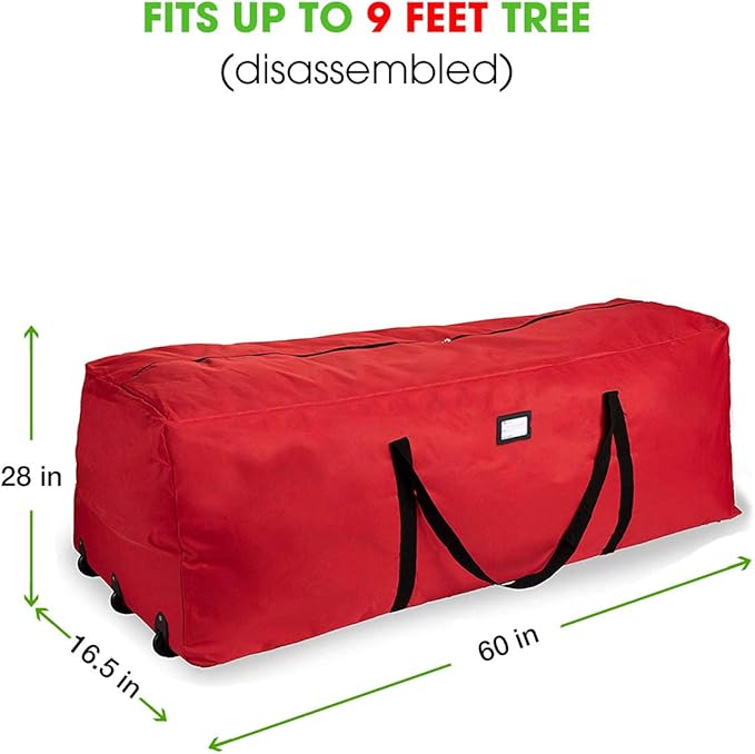 Primode Rolling Tree Storage Bag, Fits Up to 9 foot Disassembled Holiday Tree, 28" Height X 16" Wide X 60" Long Extra Large Heavy Duty Storage Container with Wheels (Red)