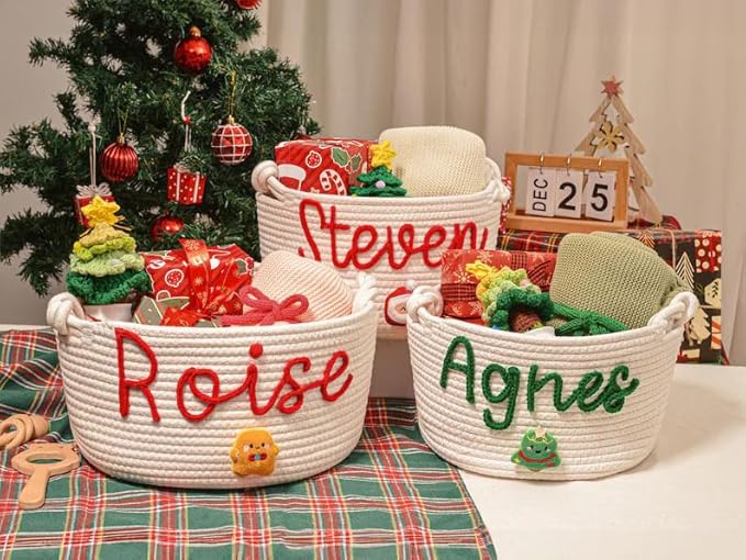 Personalized Handmade Kids Christmas Eve Gift Basket Cotton Rope Storage Basket with Name Large Capacity