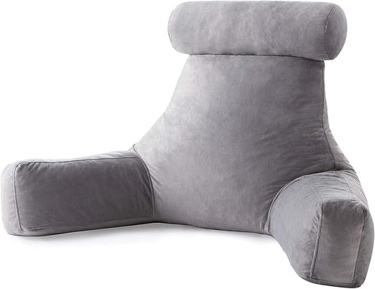 Linenspa Reading Pillow with Shredded Memory Foam- X-Large Size with Neck Support - Back Pillow for Sitting in Bed, Reading, Gaming, Watching TV – Bed Chair with Arms, Dorm Room Essentials, Stone