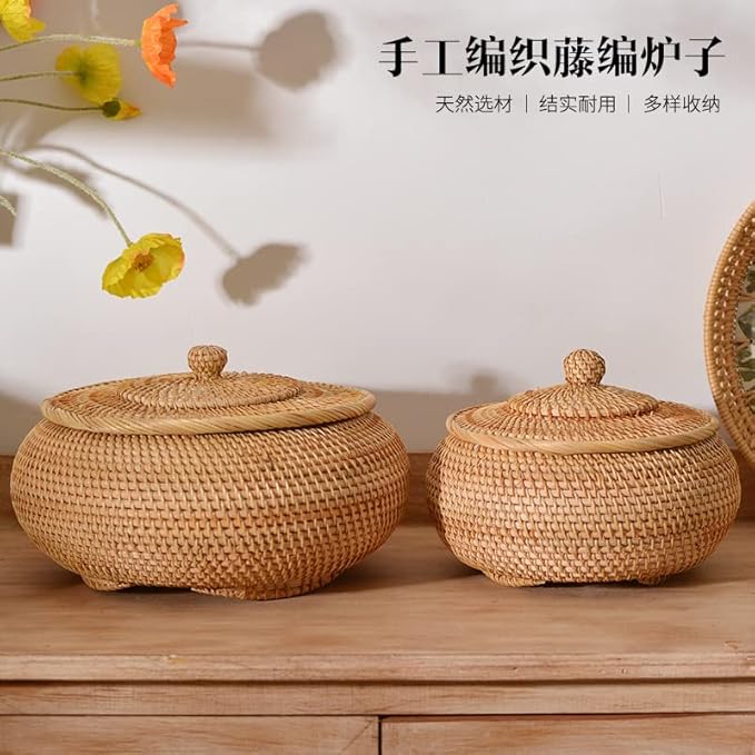 1 Pack Handmade Autumn Rattan Woven Basket Storage Ornaments Round Tea Table Desktop Living Room Furnishing Large Candy Ornaments