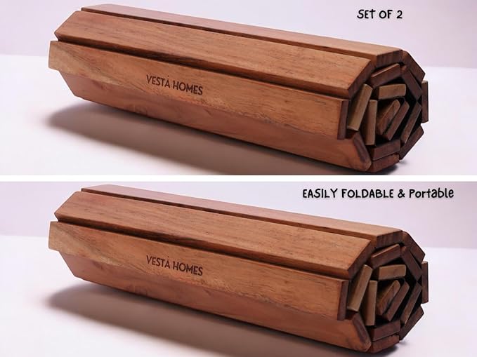 Vesta Homes Sofa Armrest Tray Set of 2 | Acacia Wood | Tambour Tray | Flexible and Foldable | Dining Table Mat | Suitable for Food, Drinks, Snacks, Cup | 17 * 11 Inches | Handcrafted in India