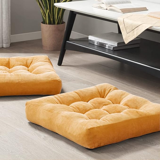 Degrees of Comfort Meditation Floor Pillow Set of 2, Square Large Pillows Seating for Adults, Tufted Corduroy Cushions for Balcony Outdoor Tatami Living Room, Orange Yellow, 22x22