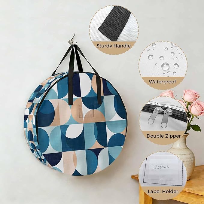 Storage Bag Mid Century Geometric Round Storage Totes Bins Closet Organizers with Zippers & Handle Abstract Modern Blue Clothes Storage Container for Bedroom Dorm Space Saving Packing Supplies Bags