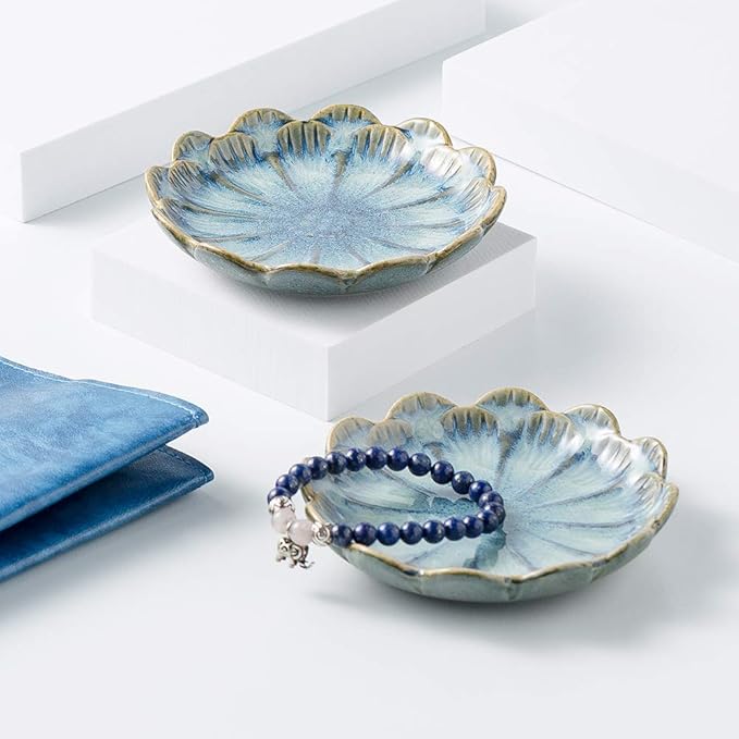 Mecaikru ring holder, flower shape decorative earring stand, jewelry tray, key bowl, trinket dish for women and friends, flower blue