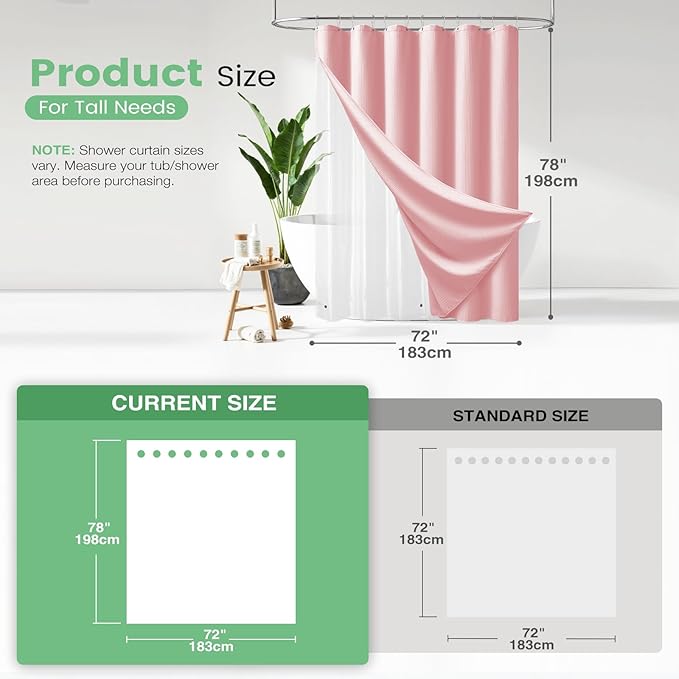 Dynamene Long Shower Curtain and Liner Set - 78 inch Tall Waffle Fabric, Waterproof Clear Liner, Heavy Duty Weighted Hotel Luxury Cloth Shower Curtains for Bathroom with 12 Hooks, 72x78, Pink