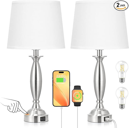 Seealle White Lamps for Bedrooms Set of 2 - Touch Control Bedside Lamp with USB C+A, 3 Way Dimmable Nightstand Lamps with USB Port, Table Lamp for Living Room(White Shade and Nickel Base)