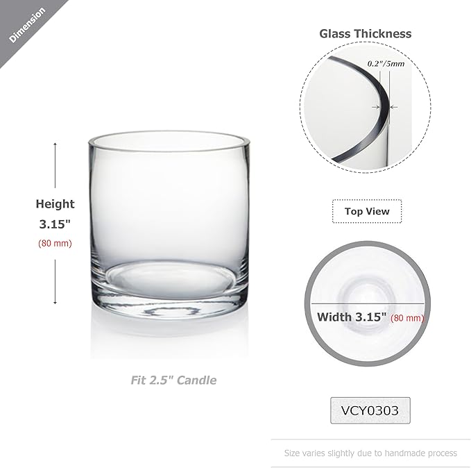 WGVI WGV Cylinder Vase Bulk, 3" W x 3" H, Clear Glass Candle Holder Bud Floral Container Planter Terrarium for Wedding Party Flowers Centerpieces and Home Office Decor, 6 Pieces