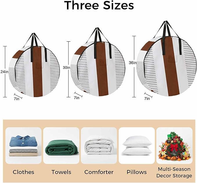 Storage Bag Boho Style Round Storage Totes Bins Closet Organizers with Zippers & Handle Brown Stripe Lines Bohemian Clothes Storage Container for Bedroom Dorm Space Saving Packing Supplies Moving Bags