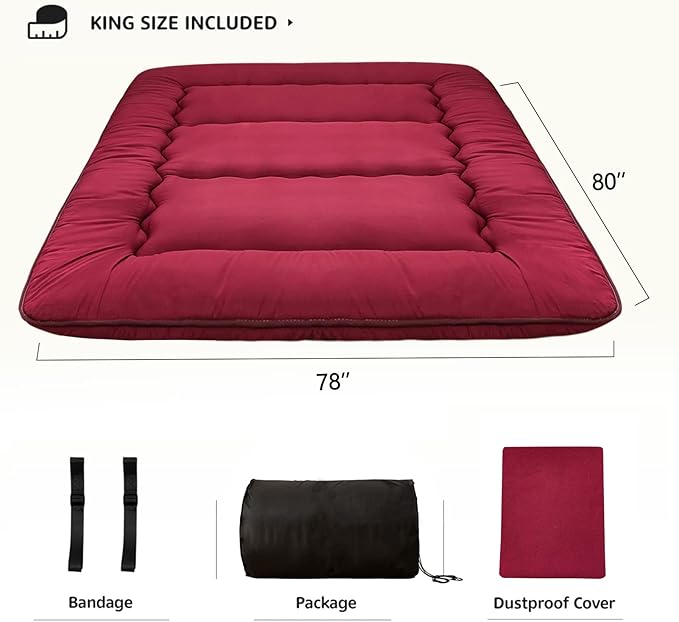 MAXYOYO Japanese Floor Mattress Futon Mattress Thicken Tatami Mat Sleeping Pad Roll Up Mattress Floor Lounger Mat Folding Couch Mattress Pad for Guest Room, Burgundy, King Size
