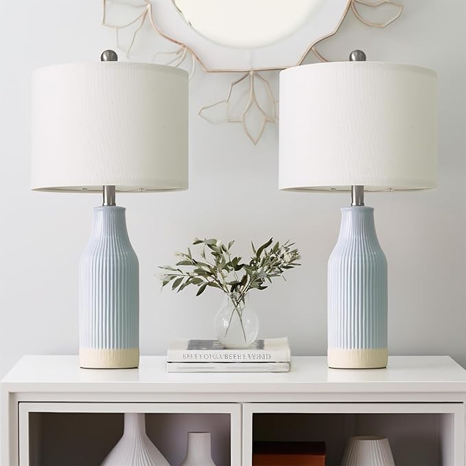 USumkky 23.75inch Light Blue Modern Ceramic Bedside Lamp Set of 2 with 5FT Cord for Bedroom Decor Farmhouse Table Lamp for Living Room Office Dorm