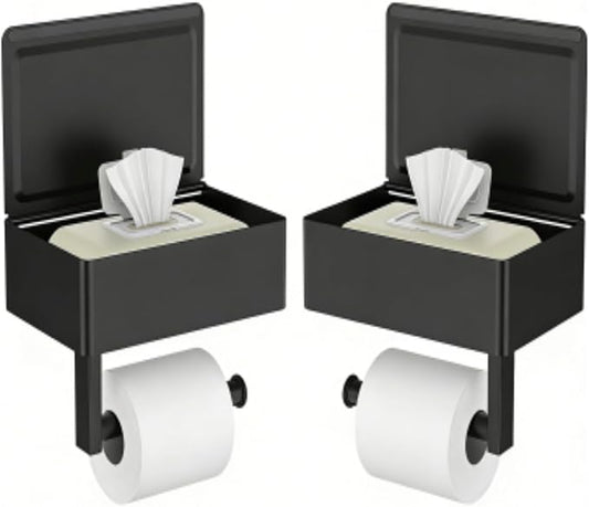 FORIOUS Toilet Paper Holder with Shelf, Sanitary Napkin Receptacle Tampon Holder, Wall Mount Toilet Paper Holder with Storage, Flushable Wipes Dispenser Fits for Bathroom Commercial(2, Matte Black)