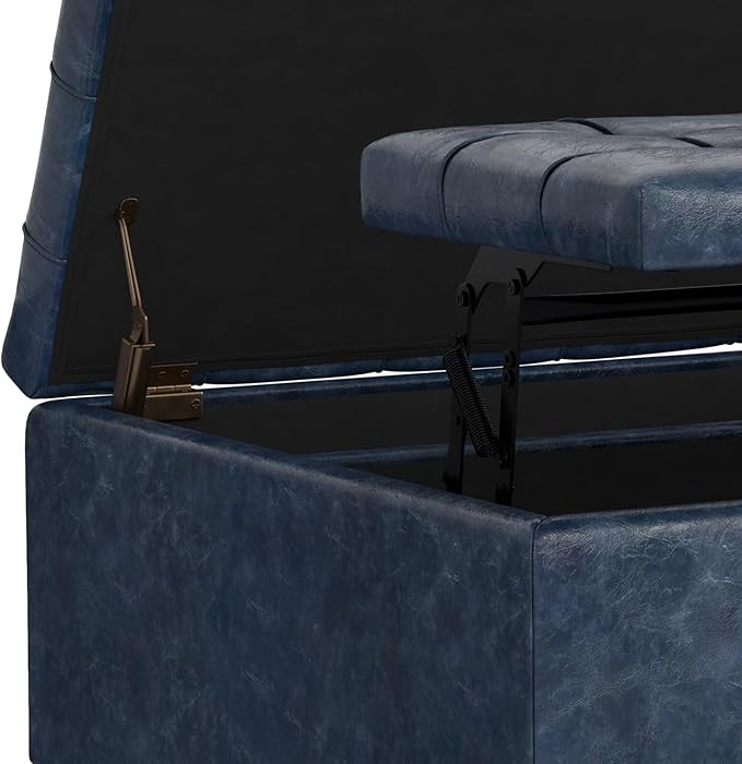 SIMPLIHOME Harrison Small Coffee Table Storage Ottoman - 30 inch Wide Upholstered Vegan Leather Square Lift-Top Ottoman in Denim Blue, Transitional Ottoman for Living Room with Hidden Storage