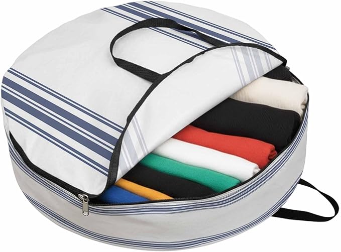 Storage Bag Blue White Striped Round Storage Totes Bins Closet Organizers with Zippers & Handle Farmhouse Striped Clothes Storage Container for Bedroom Dorm Space Saving Packing Supplies Moving Bags