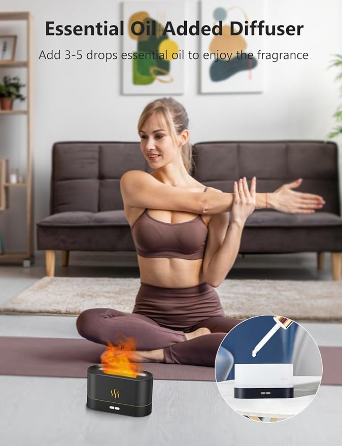 PIZAY Essential Oil Diffuser, Air Humidifier with Flame Led Light - 7 Colors, 180mL Capacity (8 Hours), Noiseless Operation, Auto-Off Protection - Perfect for Home Bedroom Office Gifts(Black)