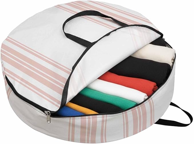 Storage Bag Pink Stripes Round Storage Totes Bins Closet Organizers with Zippers & Handle Simple Style Clothes Storage Container for Bedroom Dorm Space Saving Packing Supplies Moving Bags