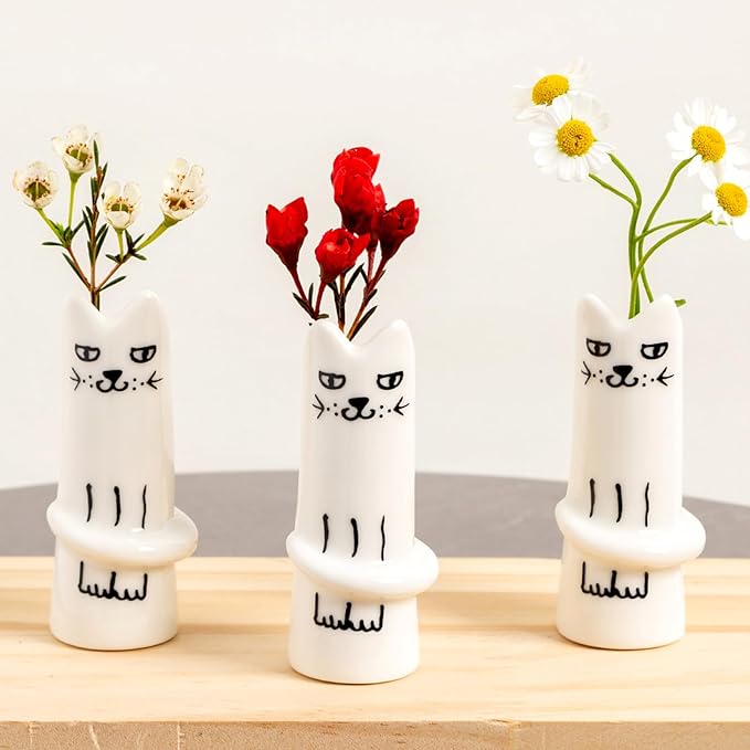 MOUGIGI Set of 3 Cat Flower Vase Bud Ceramic Mini Handmade Tiny Vases for Home Decor, Wedding Party, Birthday Gift - Unique, Cute and Aesthetic Miniature Vases - Japanese Trendy, Pretty and Bulk