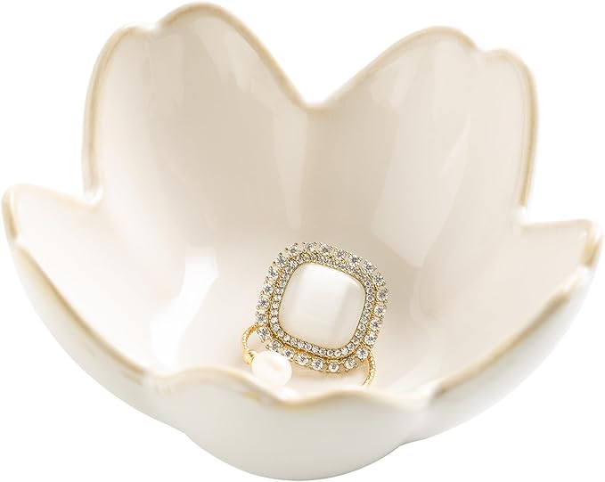 Flower Ring Holder Dish, Ceramic Jewelry Tray Dish, Small Trinket Dish, Jewelry Plate Bowl, Cute Jewlery Ring Holder Dish, Aesthetic Room Decor, Christmas Birthday Gifts for Women, 1 pack (white)