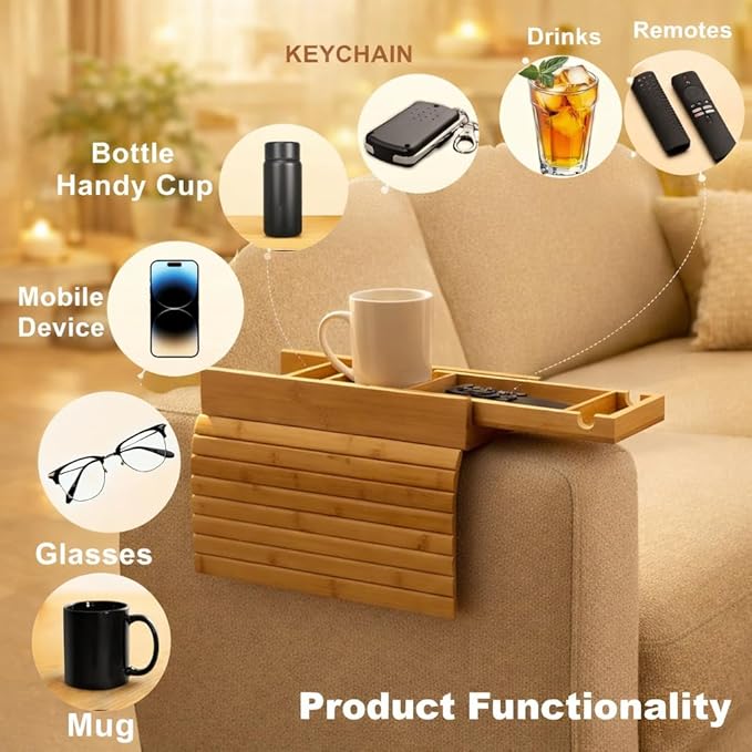 Bamboo Sofa Armrest Tray with Detachable Couch Cup Holder, 2-in-1 Foldable Anti-Slip Couch Arm Tray, Sofa Arm Organizer for Drinks, Remotes, Phone, and Snacks, Portable Armrest Caddy Table.