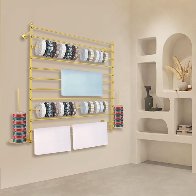 12-Layer Ribbon Holder Organizer Rack Wall Mounted Wrapping Paper Storage Rack Ribbon Dispenser Holder Wrapping Station Display Racks for Craft Room Florist Cake Shop(Gold)