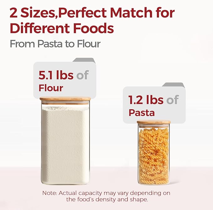 Glass Flour Sugar Storage Containers with Bamboo Lids & Measuring Scoop (1.6Qt/4.6Qt) - Wide Mouth Pantry Storage Containers for Kitchen Counter, Pantry Organization & Baking Essentials 2 pack