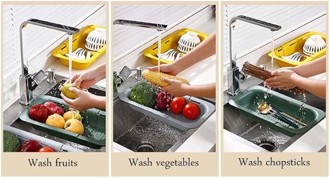 Expandable Sink Strainer for Kitchen Sink, Over Sink Colander Basket, Adjustable Drain Basket for Fruits & Vegetables, Space Saving, (Gray)