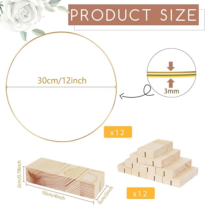 12Pcs 12 Inch Floral Hoop Centerpiece Table Decorations, Metal Gold Center Pieces Decoration for Table with Wood Base, Table Centerpieces for DIY Wedding Decor Wall Hanging Crafts