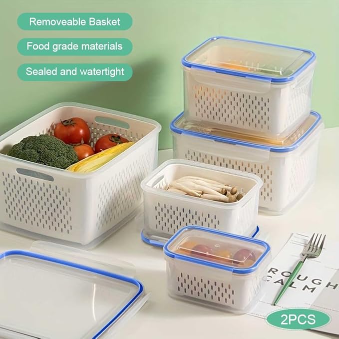 2 Pcs Fruit Storage Containers for Fridge,with Removable Colanders and Lid Food Storage Containers Fruit Washing Bowl for Salad Vegetables Meat Keeper Fresh(COLOR:Clear White)
