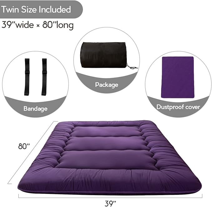 MAXYOYO Japanese Floor Futon Mattress, Roll Up Floor Mattress for Adults Foldable Tatami Mat Sleeping Pad Dormitory Couch Lounger, Purple, Twin Size