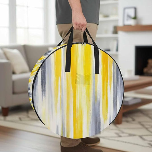 24 Inch Round Storage Bag 1 Pack,Grey Yellow Abstract Texture Waterproof Wreath Storage Container with Handles&Zipper Retro Graffiti Closet Organizer Bags Garland Box