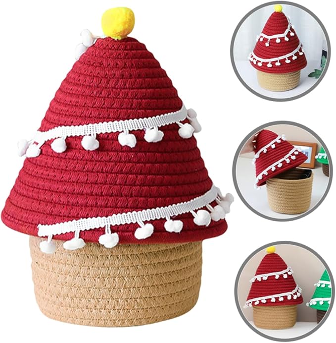 Hemobllo Christmas Tree Woven Cotton Rope Basket with Lid Decorative Sundries Storage Container for Living Bedroom and Bathroom Organization Cute Nordic Style Red Holiday Organizer