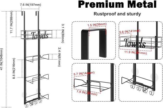 HarJue Over The Door Towel Racks, No Drill Towel Storage with Basket & Hooks, Space-Saving Multi-Functional Towel Holder for Bathrooms, bedrooms, Apartments, RVs (Matte Black, 5 Tier)